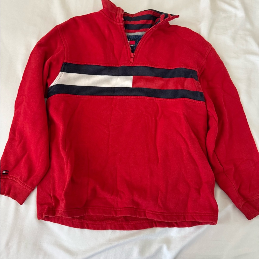 Tommy Hilfiger Red Zip-Up Sweater with Navy and White Stripes